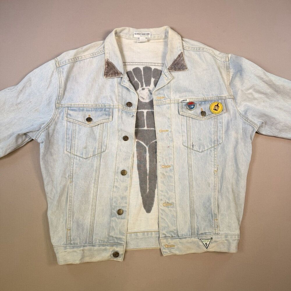 VTG GUESS Georges Marciano Denim Trucker Jacket Sz L Made In USA 90s PUNK Gonzo
